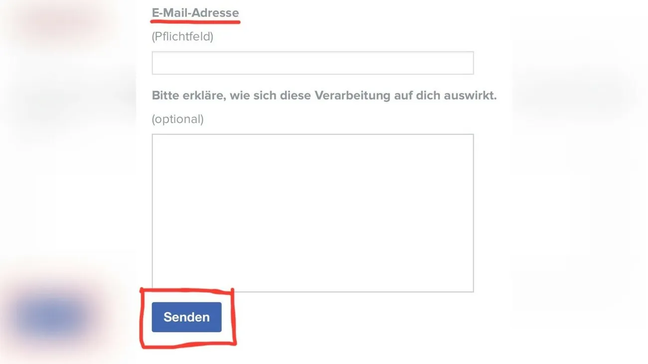 Screenshot eines Formulars mit unterstrichener E-Mail-Adresse, einem Textfeld und dem rot umrandeten Button „Senden“.